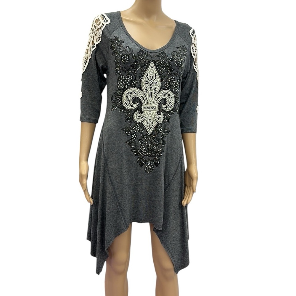 Vocal Crochet Lace Accent Embellished 3 Quarter Sleeve Shark Bite Tunic Dress S